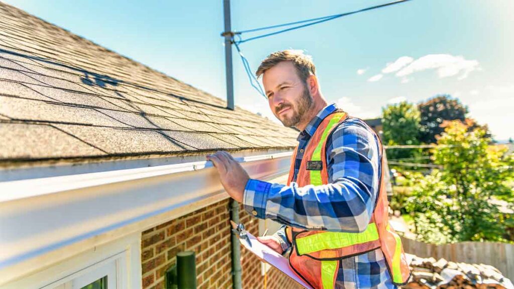 Inspector checking a roof gutter with a clipboard in hand.