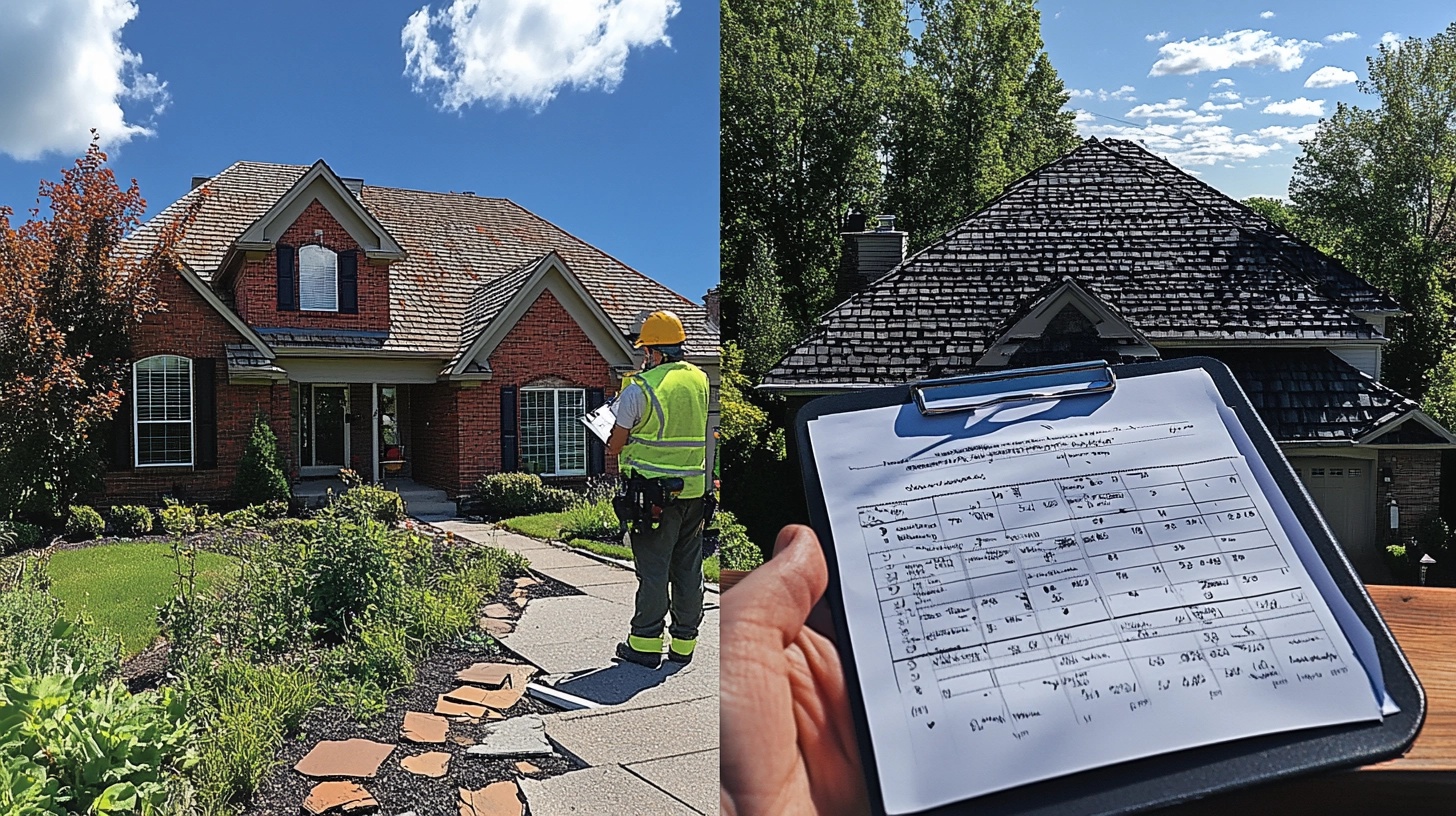 A professional roofer in safety gear inspecting shingles on a sunny day