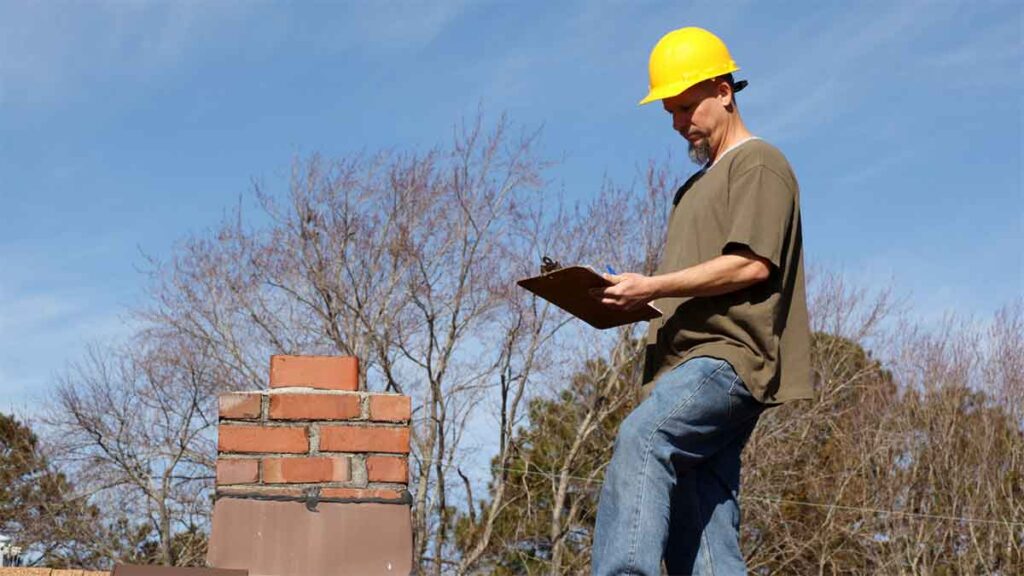 Worker inspecting a rooftop chimney with a clipboard