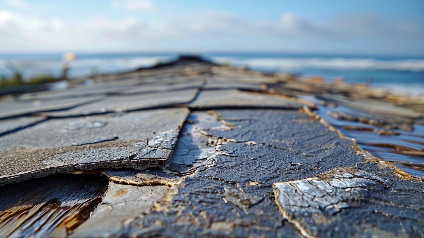 A close-up of a severely damaged roof shingle on an upscale Newport Beach home, curling and splitting from salt air exposure.