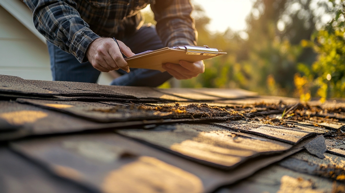 an insurance adjuster in professional attire takes notes on a clipboard while pointing to a damaged section. Golden afternoon sunlight highlights the contrasting textures between damaged and intact roofing materials.