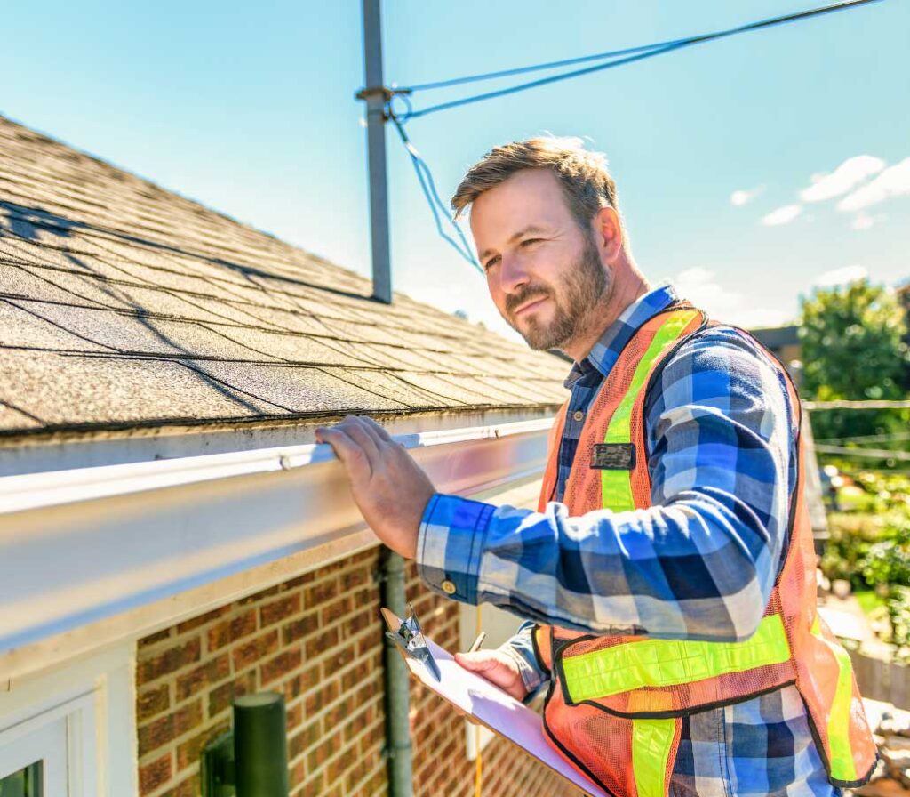 Man inspecting residential roof shingles with clipboard in hand.