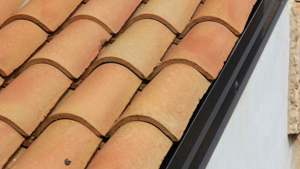 Close-up view of traditional clay roof tiles.