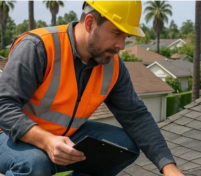 Inspector checking storm-damaged shingles on a residential roof.