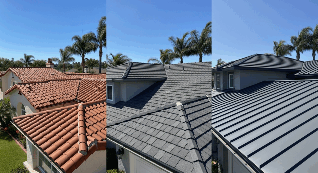 Clay tile, asphalt shingle, and metal roofing materials on Tustin homes side by side