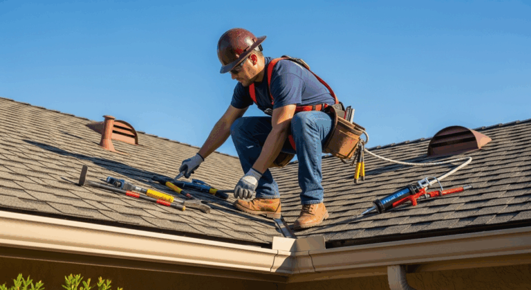 Roofer performing maintenance and repairs on a residential roof in Tustin, California