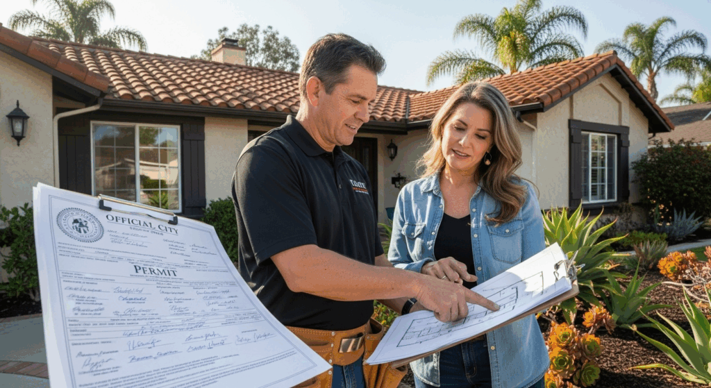 Tustin roofing contractor and homeowner reviewing roofing permit documents outside their home