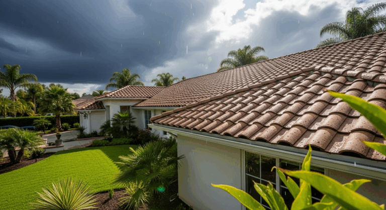Well-maintained residential roof in Tustin, California, shown beneath bright summer sunshine and approaching storm clouds, symbolizing seasonal roof care for heat and rain.