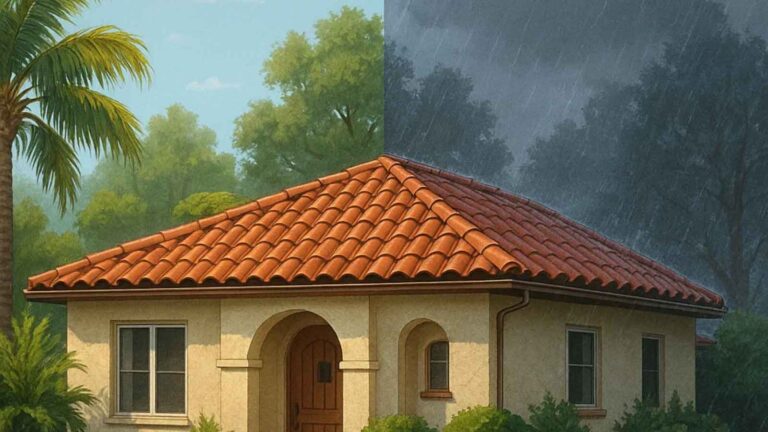 A house with a red tile roof split between summer heat and winter rain.