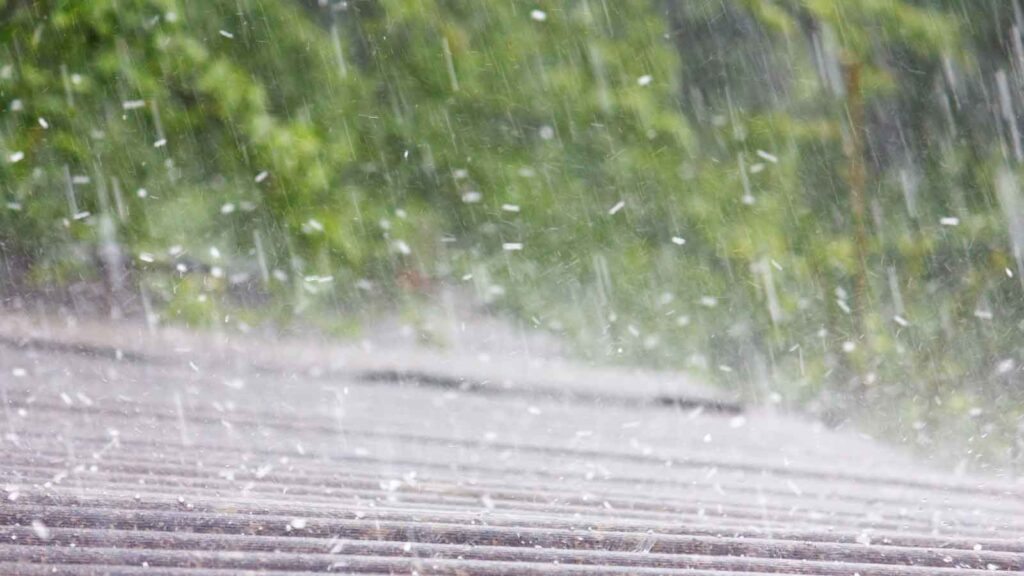  Heavy rain falling on a roof with blurred greenery in the background.