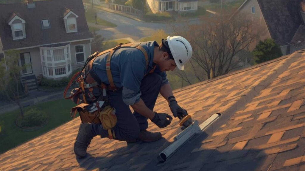 A roofing contractor installing materials on a residential roof.