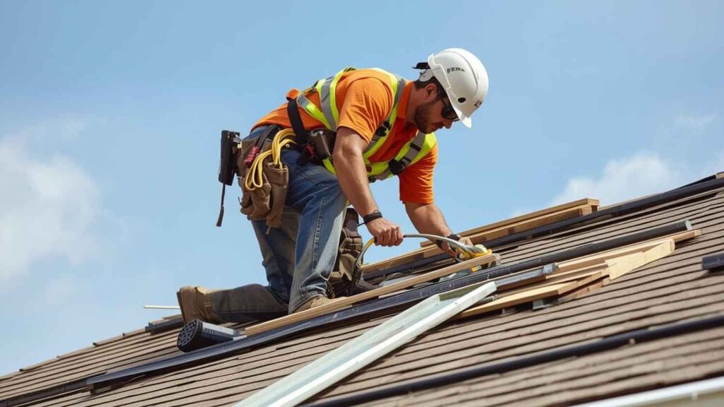 A roofing contractor installs new shingles on a residential roof.