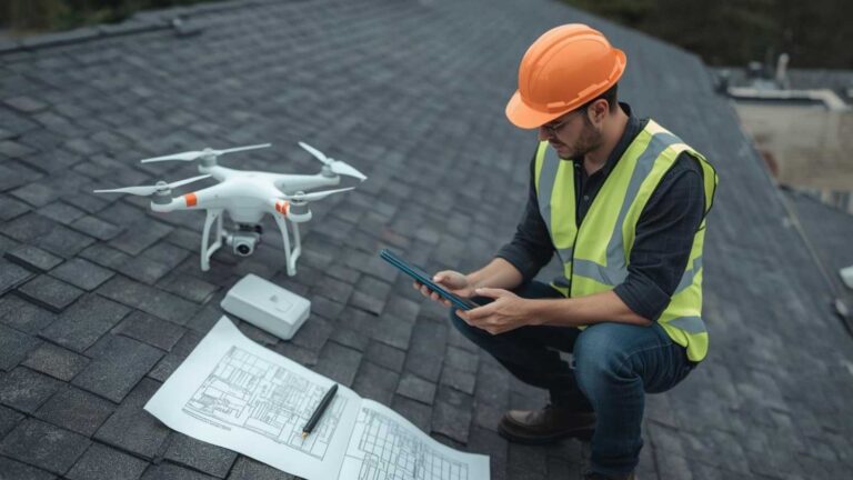A roofing contractor using a drone for roof inspection while reviewing plans.