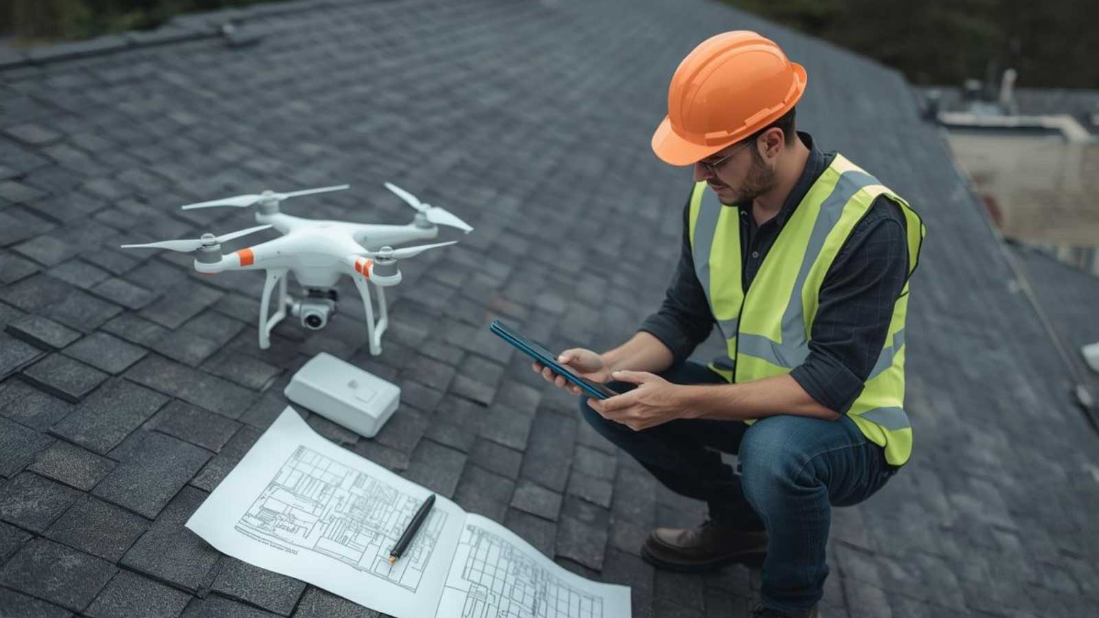 A roofing contractor using a drone for roof inspection while reviewing plans.
