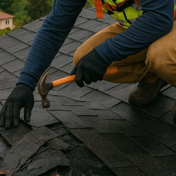 Roofer replacing damaged shingles with a hammer.