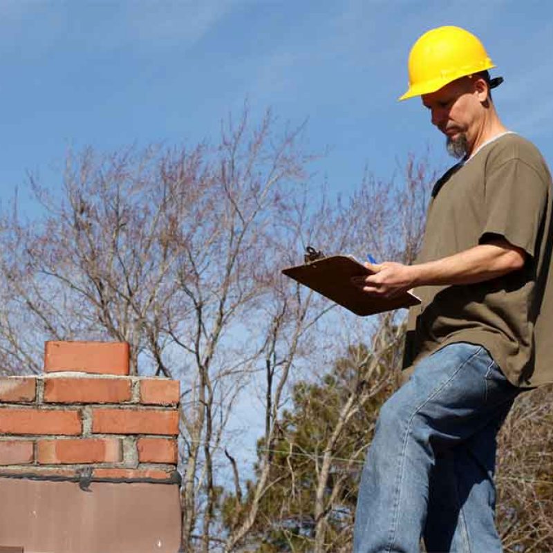 Worker inspecting a rooftop chimney with a clipboard